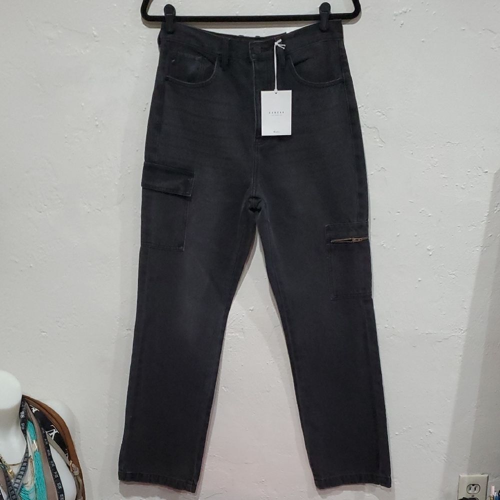 KanCan 90s Straight Black Denim Asymmetrical Cargo Pocket Jeans Sz 7/27
